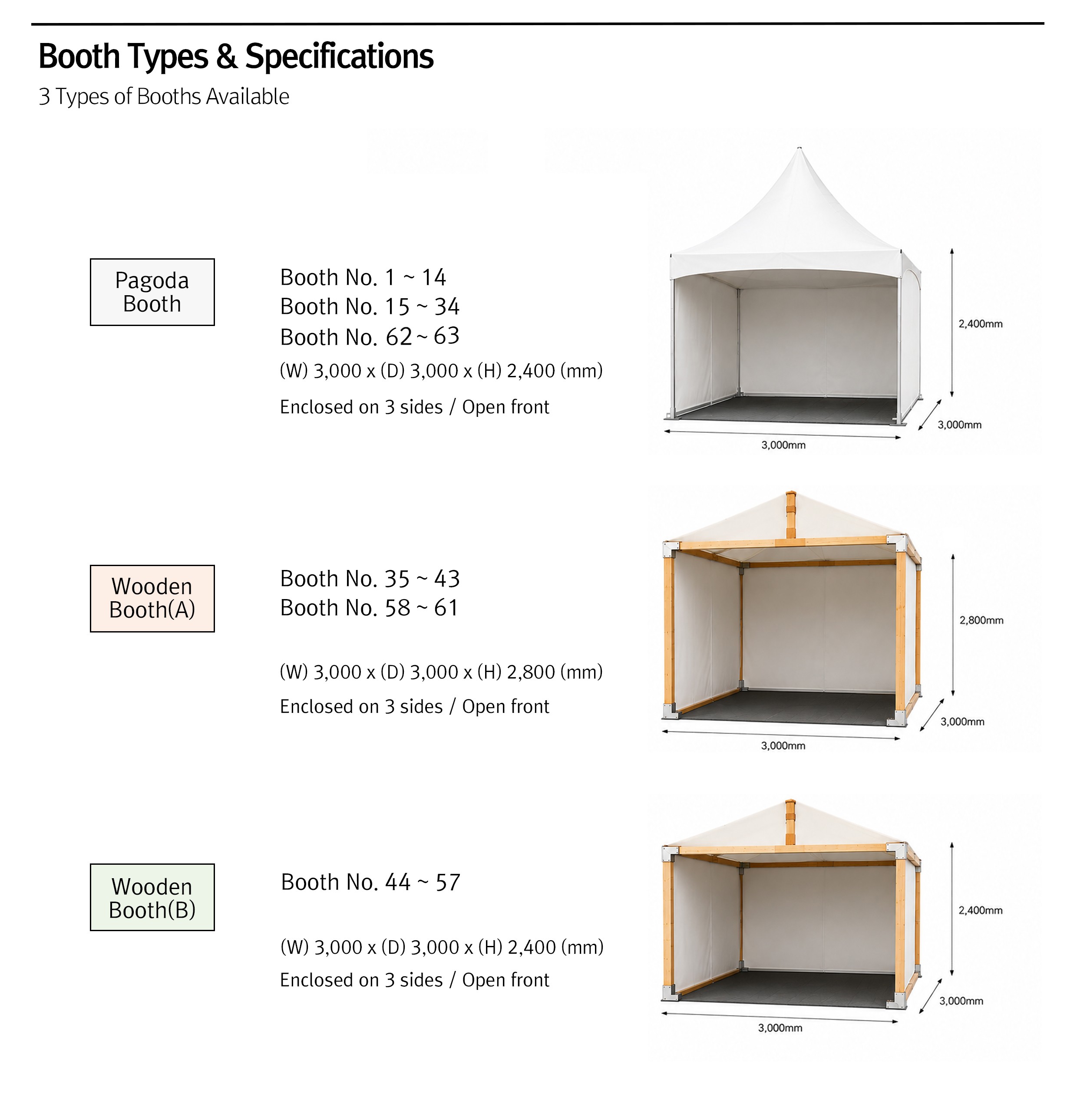 Booth Types & Specifications - 3 types available (Pagoda Booth, Wooden Booth A, Wooden Booth B)